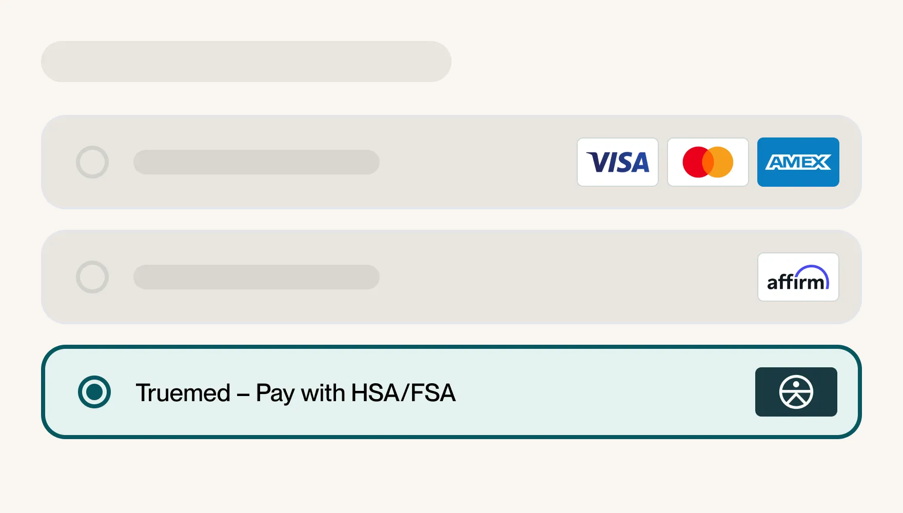 Checkout payment options with 'Truemed – Pay with HSA/FSA' selected instead of a credit card or Affirm